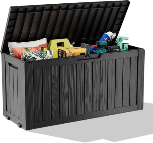 Vixzen 75 Gallon Deck Boxes Outdoor Waterproof, Resin Lockable Storage Box for Patio Cushions Storage Furniture, Garden Tools, Pool Supplies, Weatherproof and UV Resistant (Black, 75 Gallon) by Vixzen