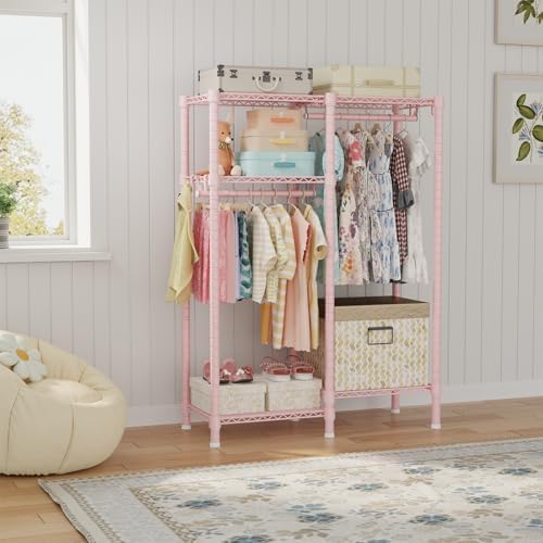 Ulif F1 Clothes Rack for Kids, Baby, Students, and Children's Room, 4 Tiers Portable Metal Closet Clothing Rack, Small Garment Rack with 2 Hanging Rod, 31.2" W x 11.8" D x 48" H, Pink - Image 2