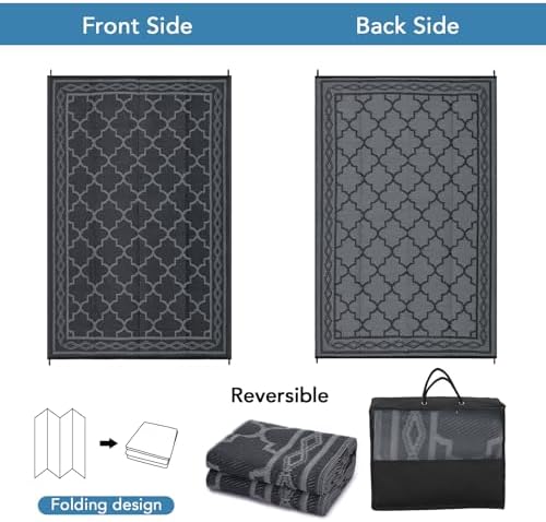 Outdoor Patio Rug 10x20 Outdoor Rug Trellis Plastic Straw Rug for Patio Reversible Mats Waterproof Camping Rug for RV Beach Deck Picnic Backyard Porch Easy Cleaning Floor Mat Black Grey - Image 6