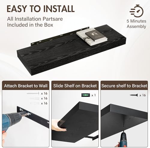Acovy 36 Inch Floating Shelves, 12" Deep Floating Shelf Wall Mounted, 36" Wall Shelves, Rustic Deep Bookshelf, Extra Deeper & Thicker Display Shelves for Bedroom, Living Room, Black, Set of 2 - Image 6