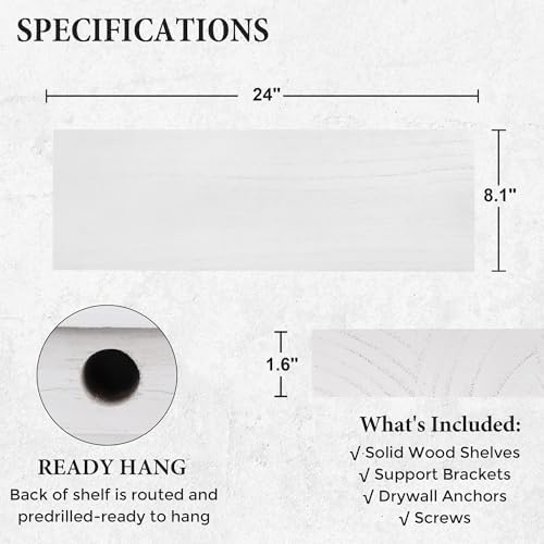 Axeman Floating Shelves, 2 Pack 8 Inch Deep Rustic Solid Wood Wall Shelves for Storage, Wall Mounted Display Shelving with Invisible Heavy-Duty Metal Bracket, 24" W x 8" D x 1.6" H, Distressed White - Image 2