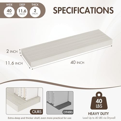 Acovy 40 Inch Floating Shelves, 12" Deep Floating Shelf Wall Mounted, 40" Wall Shelves, Rustic Deep Bookshelf, Extra Deeper & Thicker Display Shelves for Bedroom, Living Room, Gray, Set of 2 - Image 3