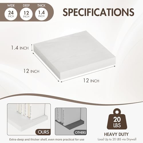 Acovy 12 Inch Floating Shelves, 12" Deep Floating Shelf Wall Mounted, 12" Wall Shelves, Rustic Deep Bookshelf, Extra Deeper Display Shelves & Storage Shelves for Bedroom, Living Room, Set of 3 - Image 4