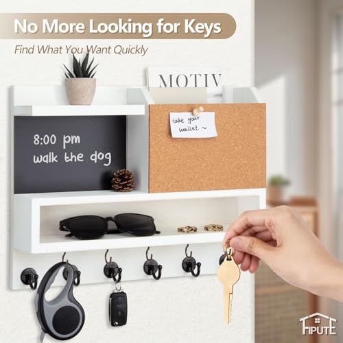 Key Holder for Wall Mount with Mail Organizer, Farmhouse Key Holder for Wall with Shelf, Chalkboard&Corkboard, Entryway Organizer 11 Metal Hooks, Decorative Natural Pine Wood, 14.6*11.1*3.3”, B-White - Image 3