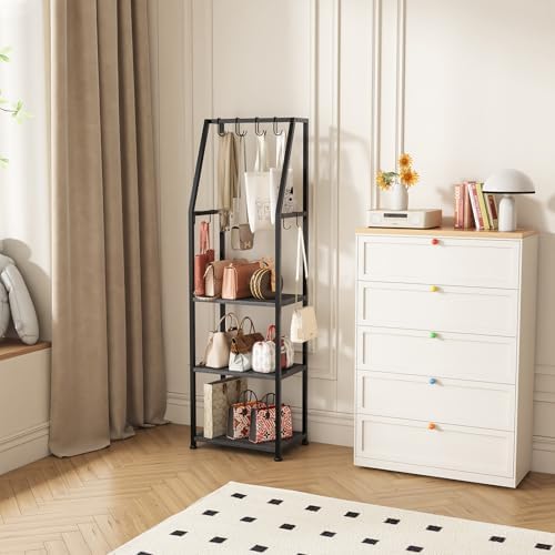 Tall Narrow Purse Organizer Stand with Purse Hanger, High-Capacity Floor-Standing Handbag Rack for Small Spaces | Space-Saving Fashion Bags & Purse Display Organizer﻿(Dark Grey) - Image 2