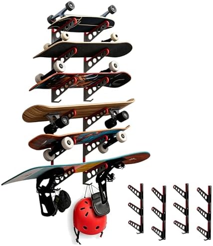 Skateboard Rack Wall Mount with Hooks, Metal Holder for Longboards, Snowboards and Skis, Sports Equipment Organizer for Home Garage by Unknown