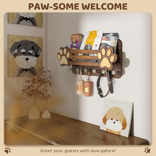 MTERSN Farmhouse Dog Leash Holder for Wall with Shelf for Pet Owner, Brown - Image 4