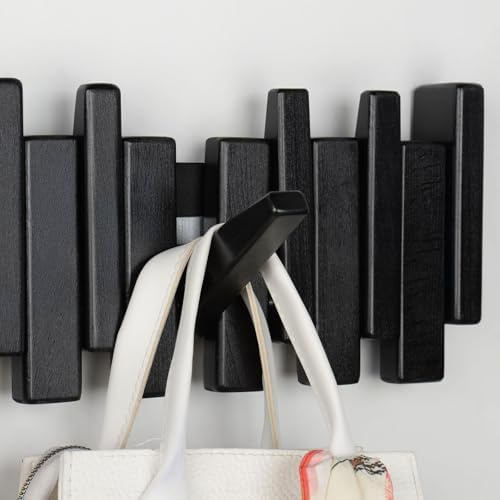 Beech Piano Key Coat Rack with 10 Flip Hooks, Black - Image 2
