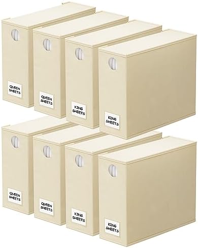 SpaceAid 8 Pack Bed Sheet Organizers and Storage, Foldable Sheet Organizer for Linen Closet, Sheets Set Folder Keeper with Window XL (Queen & King Size) Bedding Container (Beige, 8 Pack) by SpaceAid