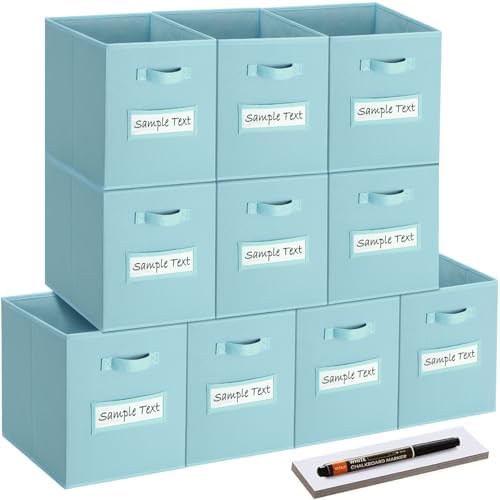 13x13 storage cube bins (Set of 10) Foldable Fabric storage cubes with 10 Labels Window Cards & a Pen,13 inch cube storage bins,Closet Organizers for Shelves,Cubby Organizer Boxes,Blue by Artsdi