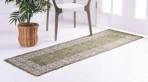 Unique Loom Outdoor Border Collection Area Rug - Floral Border (2' x 6' 1" Runner, Green/ Ivory) - Image 3