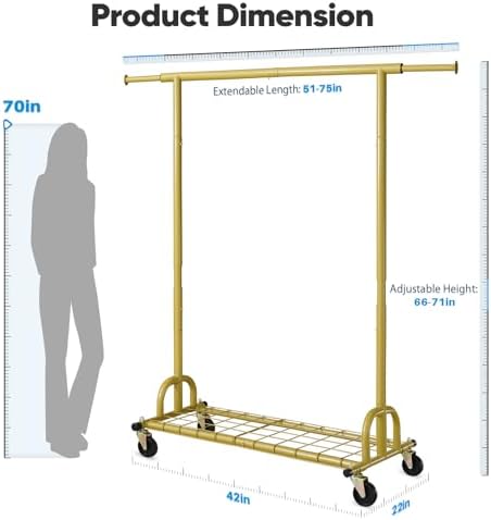 HOKEEPER Clothing Rack Gold Clothes Rack Heavy Duty Garment Rack for Hanging Clothes 525LBS Commercial Clothing Racks with Wheels for Bedroom, Laundry, Balcony, Living Room 22" D x 75" W x 71" H - Image 6