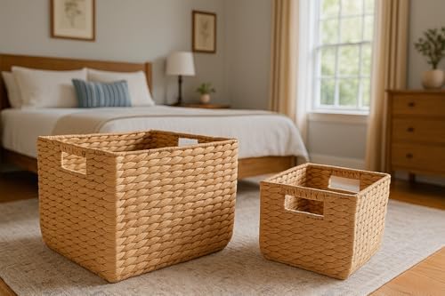 14" and 11" Handwoven Water Hyacinth Storage Baskets with Handles, Set of 2 – Natural Square Woven Organizer Bins for Shelves, Closet, or Living Room Décor by SDFUMAO