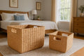 14" and 11" Handwoven Water Hyacinth Storage Baskets with Handles, Set of 2 – Natural Square Woven Organizer Bins for Shelves, Closet, or Living Room Décor by SDFUMAO