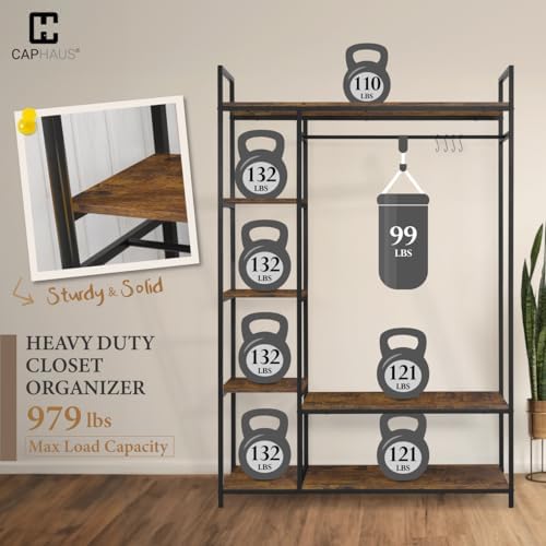 CAPHAUS 979lbs Capacity Garment Rack for Hanging Clothes, Heavy Duty Open Wardrobe w/Hanging Rods & Fabric Drawers, Free Standing Closet Organizer, Metal Closet Rack w/Rustic Oak Wooden Shelves - Image 3