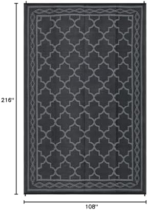 Outdoor Plastic Straw Rug 9x18 Large Floor Mat Vintage Trellis Waterproof Rug for Patio Reversible Outdoor Rugs for RV Beach Patio Camping Backyard Deck Picnic Black Grey - Image 2