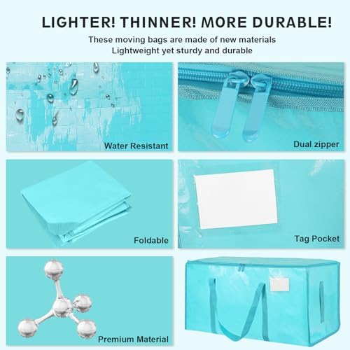 12 Pack-Extra Large Heavy Duty Moving Bags - Waterproof Storage Totes with Handles & Zippers, Foldable for College Dorm, Storage (lake blue) - Image 4