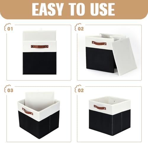 DULLEMELO Fabric Storage Bins for Shelves, Cube Storage Organizer Bins with PU Handles, Set of 4 Decorative Collapsible Storage Bins for Cube Storage,White&Black - Image 6