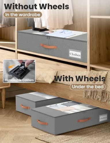 TOSKING 2-Pack Under Bed Storage Drawers with Wheels, 6 Vacuum Bags, 7.9" Height, Large 65L/80 lbs Clear Lid Rolling Bin, 900D Oxford, Space Saver for Dorm Bedroom, Blankets, Clothes, Shoes, Gray - Image 6
