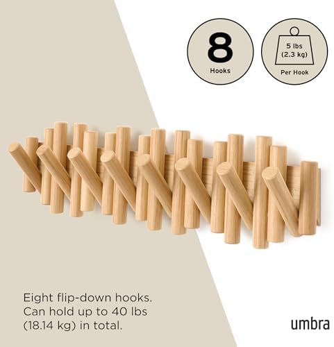 Umbra Picket Coat Rack with 8 Hooks – Natural Wall-Mounted Coat Rack with Flip-Down Wooden Hooks, Real Pine Wood Decorative Wall Storage for Jackets, Hats, Scarves, Bags, Entryway, Bedroom Living Room - Image 5