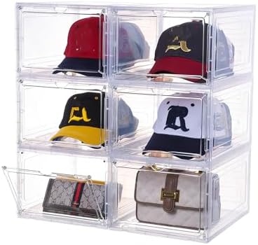 Attelite Hat Organizer for Baseball Caps,set of 6, Transparent Storage Box Hat Holder With Clear Magnetic Door, Stackable Rack, Easy to Assemble Stylish Display(13.5 "x 10.6" x 7.5 ") by Attelite