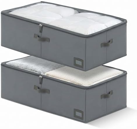 10" High Capacity Under Bed Storage Bins (2-Pack, Charcoal Grey), Deep 600D Heavy Duty Oxford Fabric Organizer Containers with Matching Vegan Leather Handles for Comforters, Pillows & Blankets by PLUMGEAN