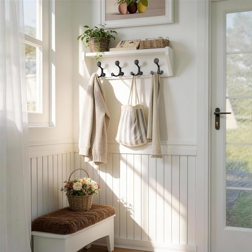 SKOLOO Wall Shelf with Hooks, 24-Inch White Coat Rack Wall Mount with Shelf Organizer - Heavy Duty, 4 Tri Hooks - Perfect for Entryway, Hallway, Living Room, Bedroom, Mudroom - Image 6