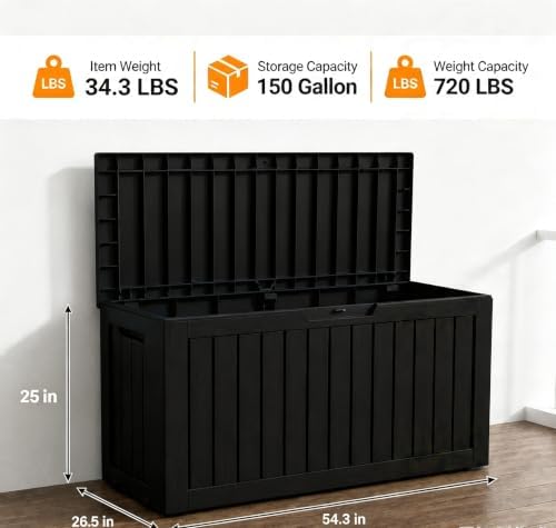 LAUSAINT HOME 150 Gallon Resin Deck Box, Package Delivery Box with Lockable Lid, Waterproof Outdoor Storage Box For Garden Tools, Patio Cushions(150 Gallon,Black) - Image 2