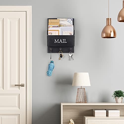 DLQuarts Solid Wood Mail Organizer with Key Holder for Wall, Mail Sorter Wall Mounted, Decorative Wooden Key and Mail Holder with 3 Hooks, Matte Black - Image 2