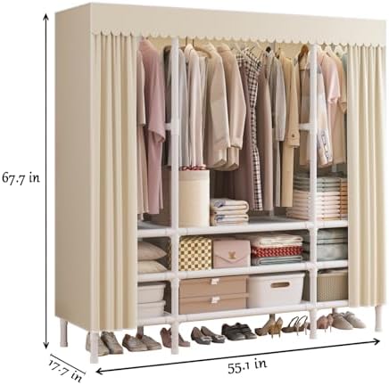 Portable Closet with Cover 55.1"x17.7"x65.7" Wardrobe Closet Pale Yellow - Image 3