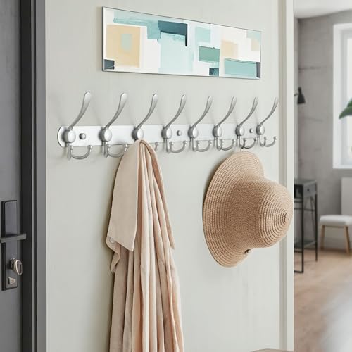 Dseap Coat Rack Wall Mount - 29.5” Long 8-Tri-Hooks Heavy Duty Coat Hanger Rail Wall Hooks for Hanging Coats Hats Clothing Clothes Purse Mudroom Entryway, Silver - Image 3