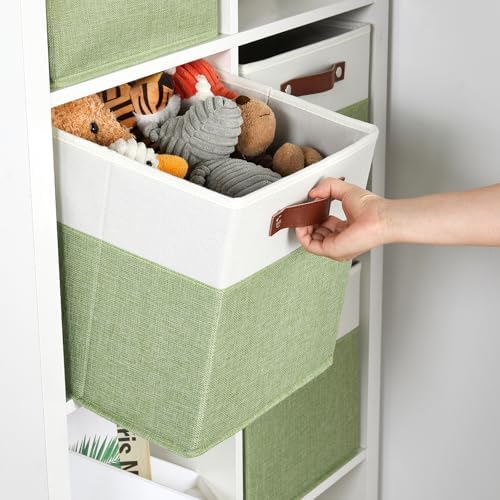 DULLEMELO Fabric Storage Cubes, 12x12 Storage Cube Bins for Organizing, Foldable Storage Baskets Square Cloth Bins for Cube Storage, Cube Organizer for Storage,White&Green - Image 6