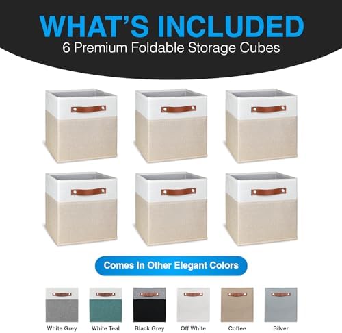 11 Inch Cube Storage Bin - 6 Pack - Linen Fabric 11x11 Cube Storage Bins for Bedroom, Living Room, Clothes and Toys; Foldable, Dual Leather Handles - Image 2