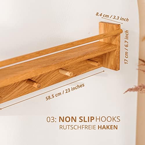 Solid Oak Wall Mounted Coat Rack – Wooden Wall Mounted Coat shelf with 4 Pegs for Entryway, Bathroom, Bedroom or Kids Room – Rustic Wall Hanging Entryway Organizer for Coats and Towels - Made in EU - Image 4
