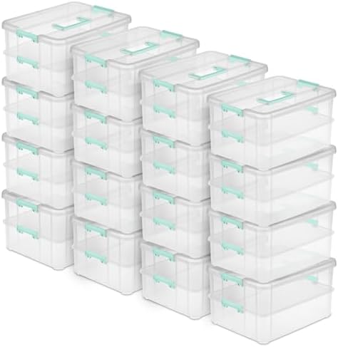 Sterilite 16-Pack Stack & Carry, 2 Layer Handle Box for Home & Office Storage - Clear Base & Lid with Color Latches, Organizer for Art & Craft Supplies, Sewing Tools or 8.5" x 11" Paper by Sterilite