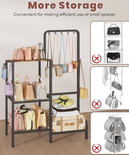 Floor-Standing 3-Tier Purse Organizer, High-Capacity Bag Holder with 8 Hooks, Multi-Functional Purse Rack for Various Bags, Handbag Display Stand Shelf for Closet, Bedroom, Entryway, Black - Image 5