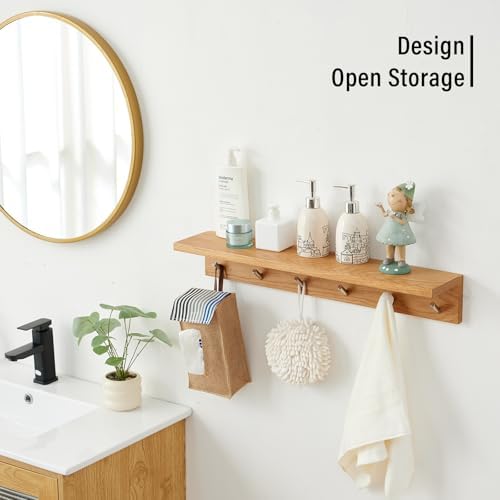 Wall Hooks with Shelf Oak Wood Coat Rack Shelf Wall Mounted, Entryway Shelves with 5 Metal Hangers for Clothes Hats Towel for Bathroom, Bedroom, Living Room (Natural, 20 inches) - Image 6