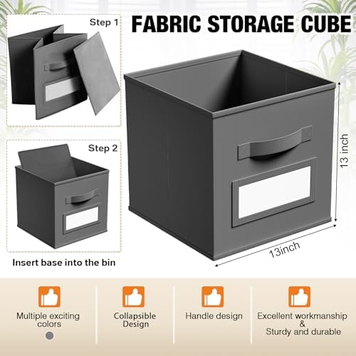 Teenyyou 10 Pack Fabric Storage Cubes 13 Inch Collapsible Cube Bins with Label Window & Handle Foldable Organizers Baskets for Shelf Closet Nursery Kids Room Clothes Book Toy(Gray) - Image 3