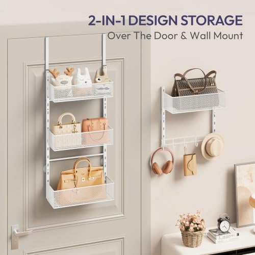SWTYMIKI Over the Door Purse Organizer - Wall Mounted Purse Rack with 4 Adjustable Metal Basket and 6 Hooks, Hanging Bag Rack for Handbag Organizer, Bag Storage Can Use As 1/2 Part, for Door - Image 6