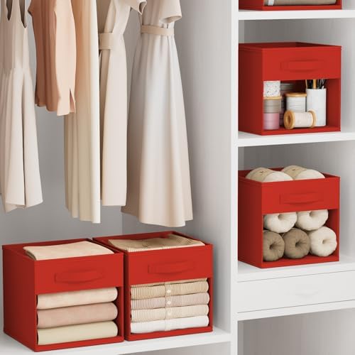 DIMJ Cube Bins, 12.2-Inch Storage Bins Cubes with Window, 6 Packs Collapsible Storage Bins with Handles, Closet Storage Baskets for Organizing Living Room, Office, 6 Pack,Red - Image 5