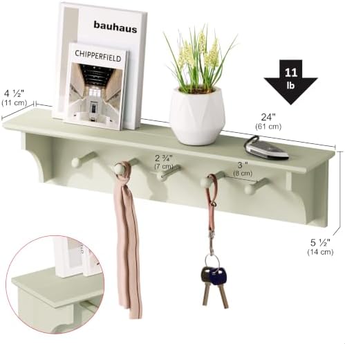 Ballucci Floating Coat and Hat Wall Shelf Rack, Coat Rack Wall Mount, 5 Pegs Hook, 24", Green - Image 3