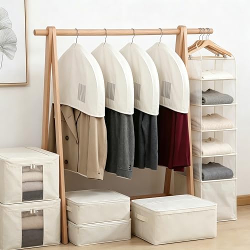 Cotton Shoulder Garment Bags with 2" Gusset, Breathable Clothes Dust Covers with Clear PVC Pocket, Reusable Washable Protectors for Suit, Coat, Dress, Closet Storage & Travel (4 Pake) - Image 6