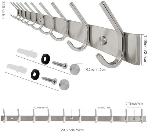 WEBI Coat Rack Wall Mount,10 Coat Hooks for Hanging Coats,30 Inch Stainless Steel 304 Coat Hanger Wall Mounted Hook Rack Rail for Clothes,Jacket,Brushed Nickel - Image 3