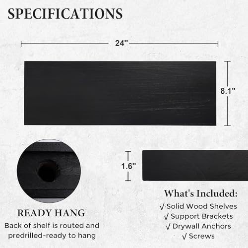 Axeman Floating Shelves, 2 Pack 8 Inch Deep Modern Solid Wood Wall Shelves for Storage, Wall Mounted Display Shelving with Invisible Heavy-Duty Metal Bracket, 24" W x 8" D x 1.6" H, Distressed Black - Image 3