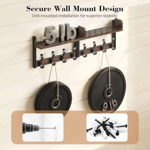 Delamu 32" Coat Rack with Shelf, 4 in 1 Coat Hanger Wall Mount with Shelf, Wooden Entryway Wall Organizer with Hooks, Brown - Image 6