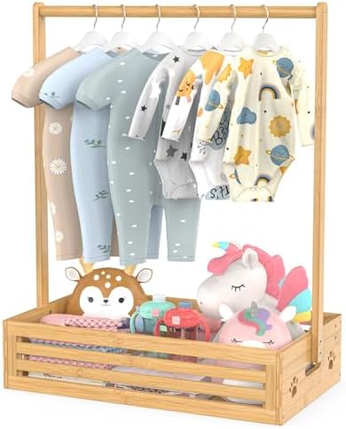 BAMBOOHOMIE Baby Clothing Rack for Toddler, Pets Clothes Rack with Storage Box & Adjustable Hanging Rod for Dogs/Cats, Baby Shower Clothes Closet Rack with Handle for Nursery Room (Natural, Baby) by BAMBOOHOMIE