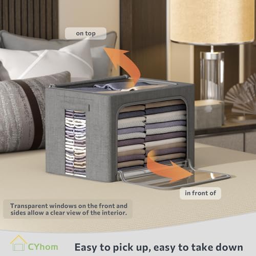 CYhom Extra Large Clothes Storage Bins - Linen Fabric Foldable Stackable Container Organizer Set with Clear Window & Carry Handles & Metal Frame (Dark Gray, Extra Large-100L) - Image 2
