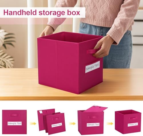 11x11 storage cube bins (Set of 10) Foldable Fabric storage cubes with 10 Labels Window Cards & a Pen,11 inch cube storage bin,Closet Organizers for Shelves,Cubby Organizer Boxes,Dark pink - Image 4