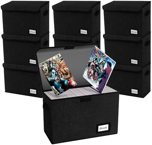 10 Pack Comic Book Storage Box 15.8" X 7.8" X 11.8", Collapsible Holds 160-180 Comic Book Organizer Heavy Duty Bin Container Holder Shelf (Black) by YNSZAS