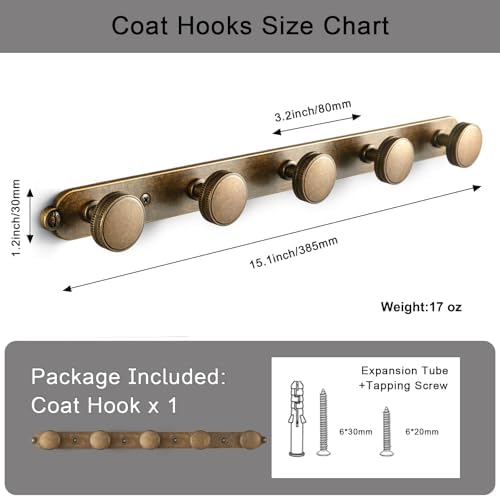 Goo-Ki 1 Pack Antique Brass Coat Rack Wall Mount Heavy Duty, Vintage Brass Towel Rack Zinc Alloy Coat Hooks Wall Mounted for Bag Hat Clothes Scarf - Image 4